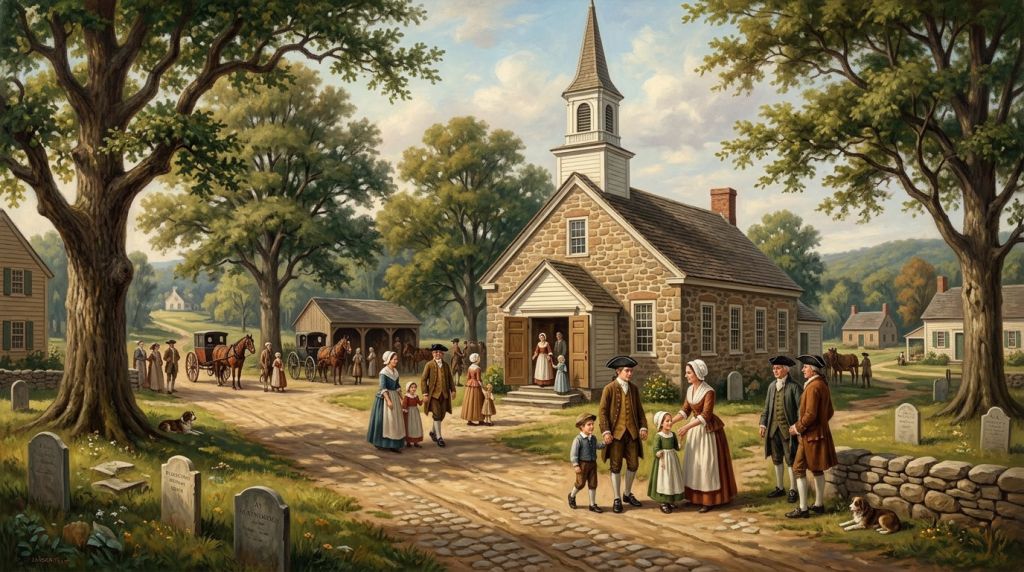 Artistic rendering of a church with steeple and attendees outside
